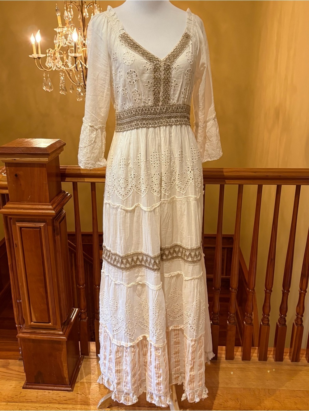Boho Eyelet Maxi Dress in Cream with Crochet Trim Wmnβs S